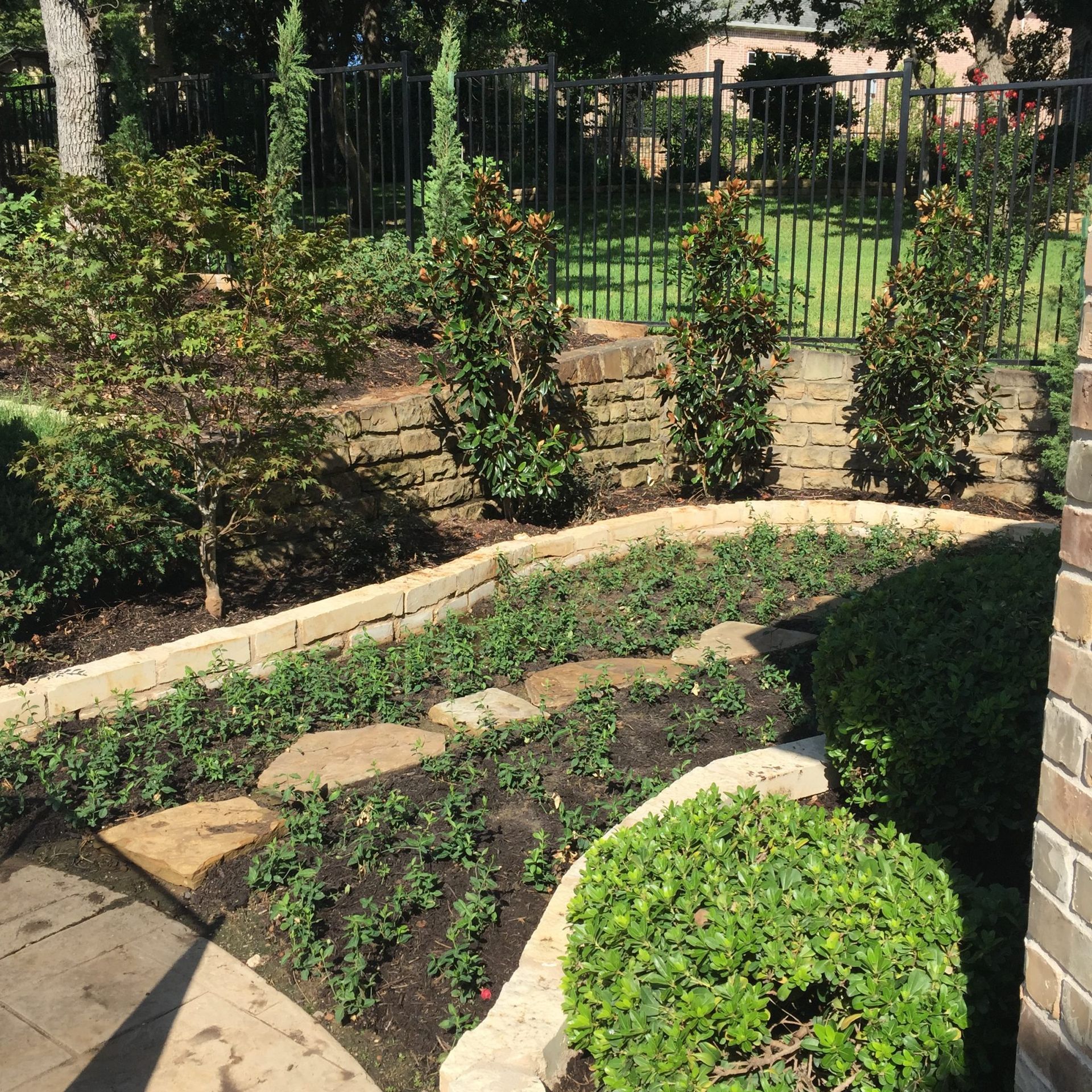 Stone-edged garden with layered beds, small trees, green shrubs, and a black fence.
