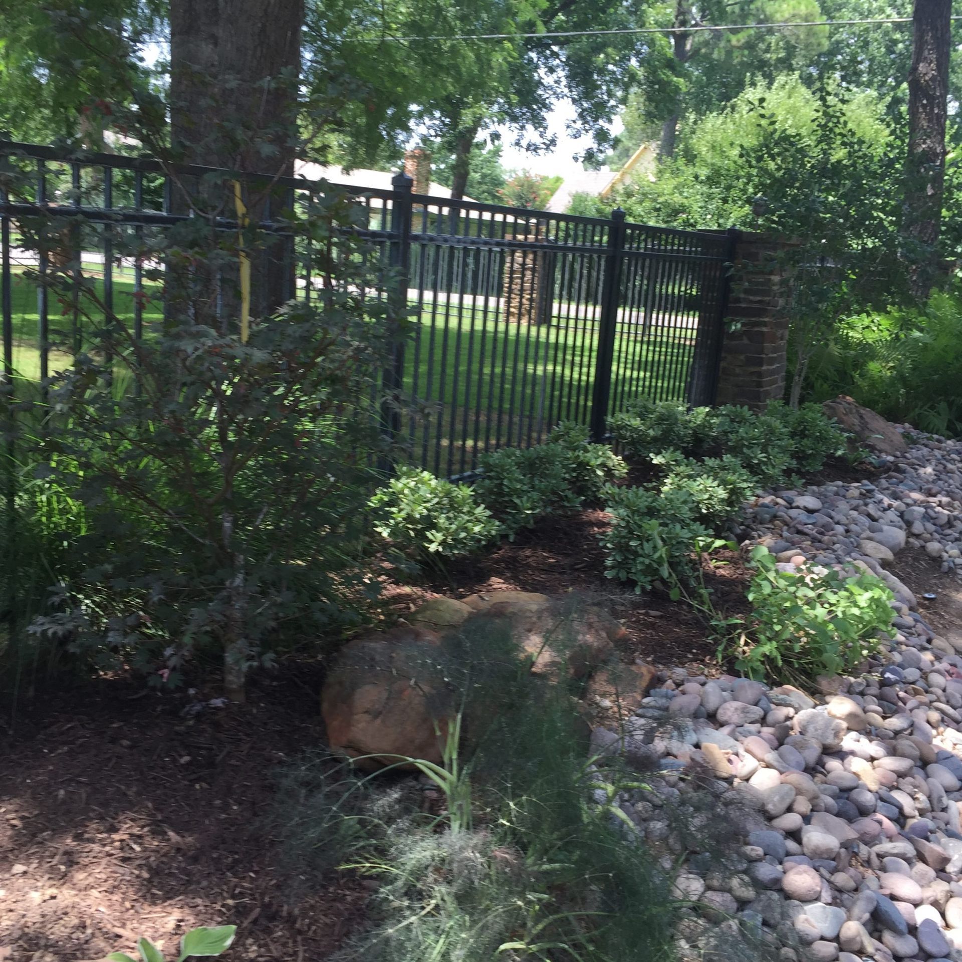 Black metal fence with garden bed in front, trees in the background.