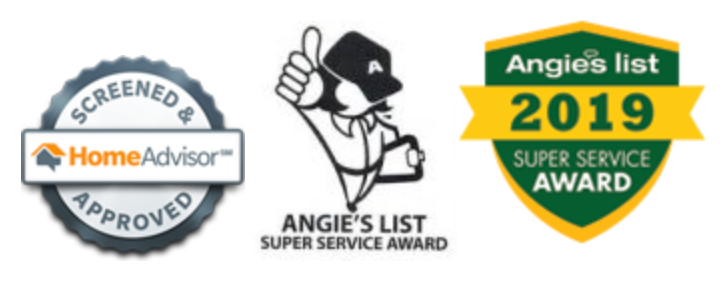 Logos for HomeAdvisor and Angie's List Super Service Award (2019), indicating screened & approved status.