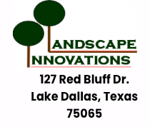 Logo for Landscape Innovations, a landscaping company in Coppell, TX, with trees and contact information.