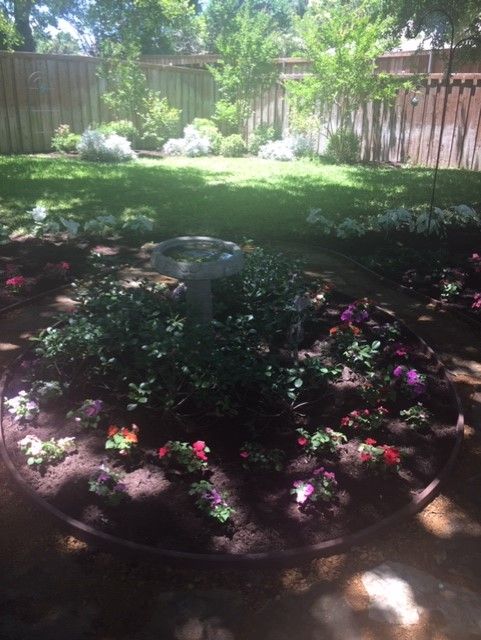 A circular garden bed surrounds a birdbath. Colorful flowers sit in front of a green lawn with trees.