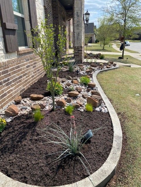 Landscaped front yard with mulch, rocks, plants, and a curving concrete border.