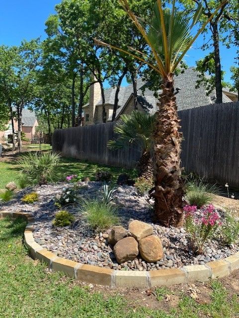 A landscaped garden bed with a palm tree, rocks, and various plants, framed by a stone border, next to a wooden fence.
