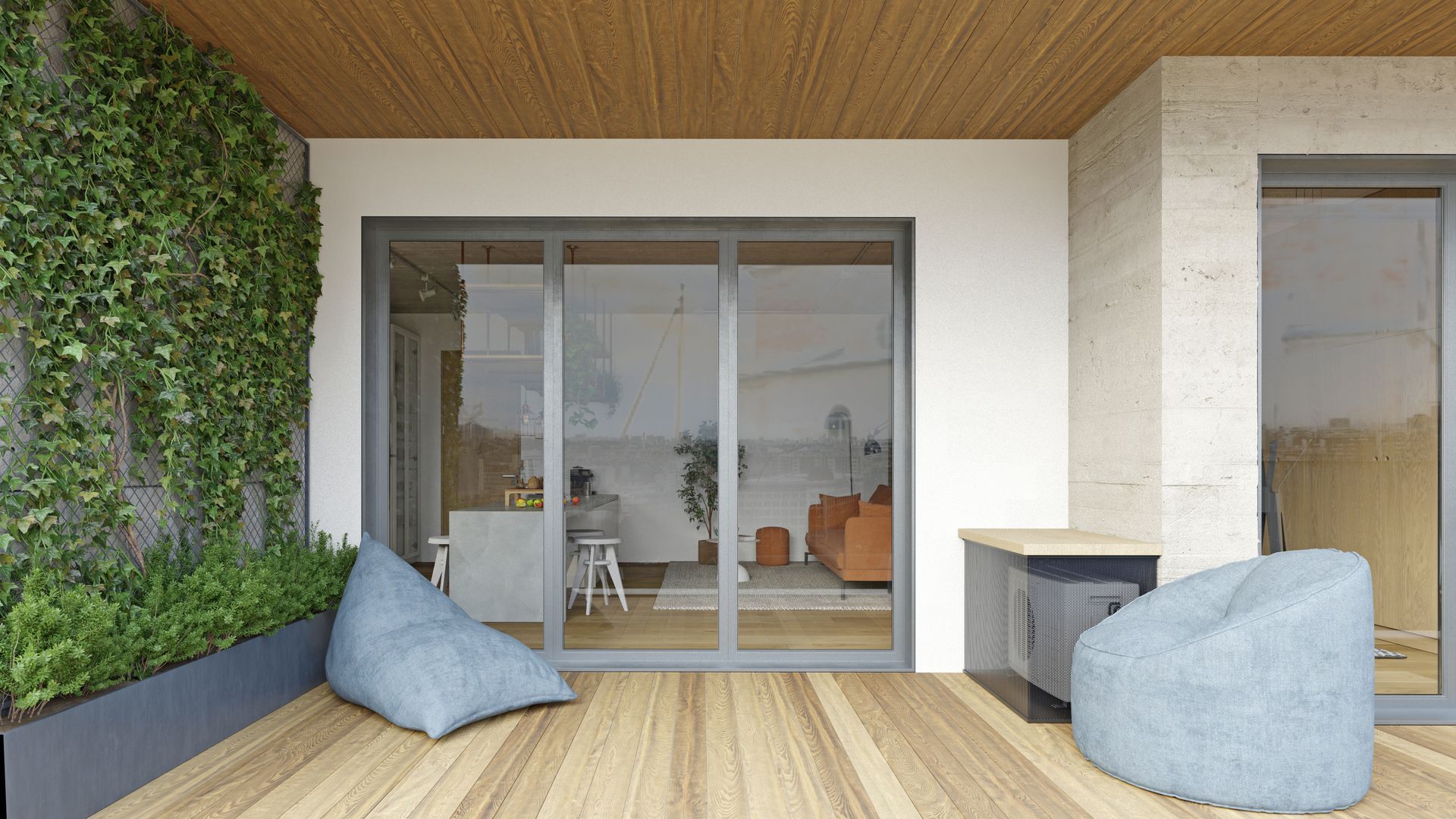 Modern patio with wood deck, sliding glass doors, green wall, and blue beanbag chairs