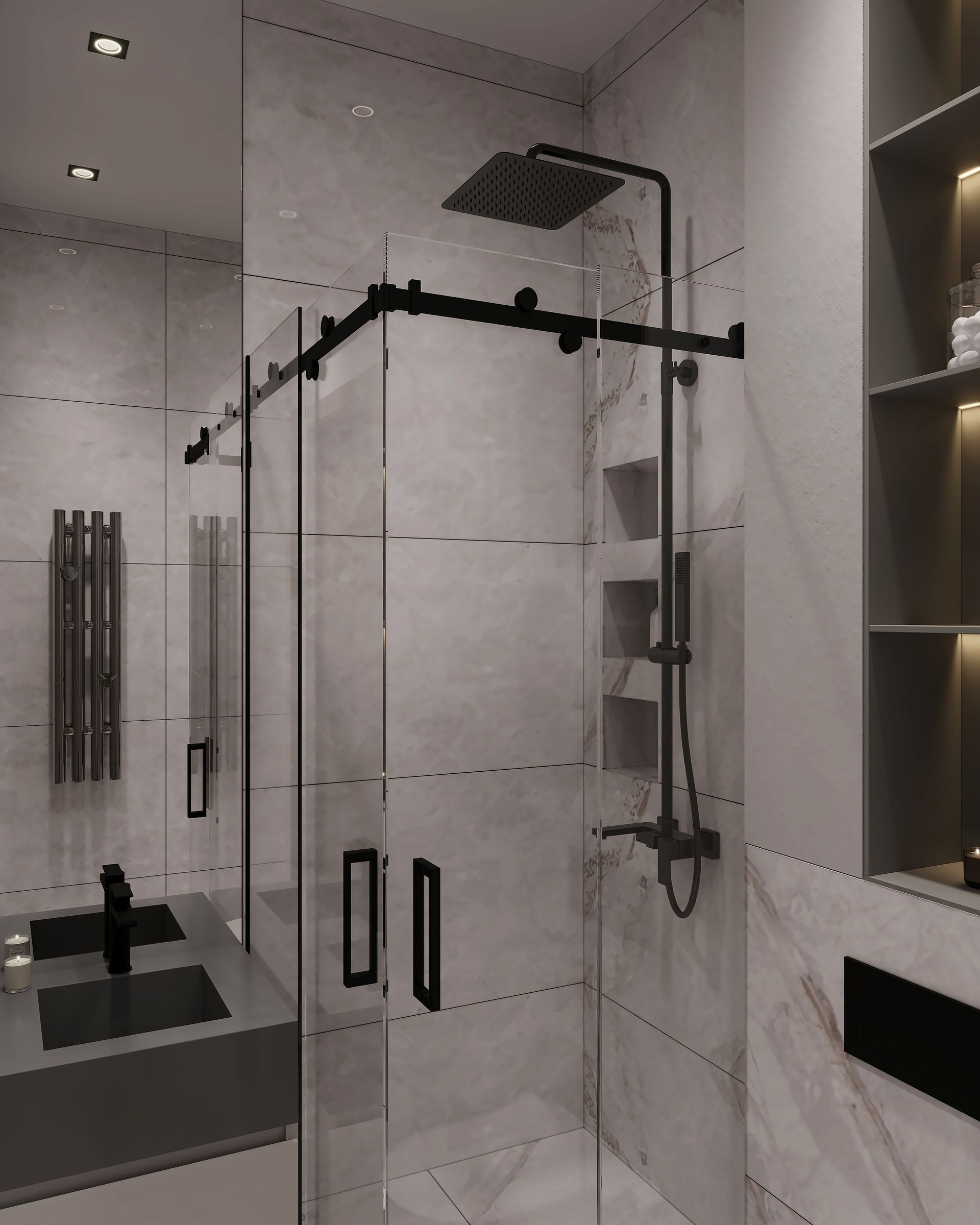Modern bathroom with glass shower enclosure, rain showerhead, and wall-mounted fixtures