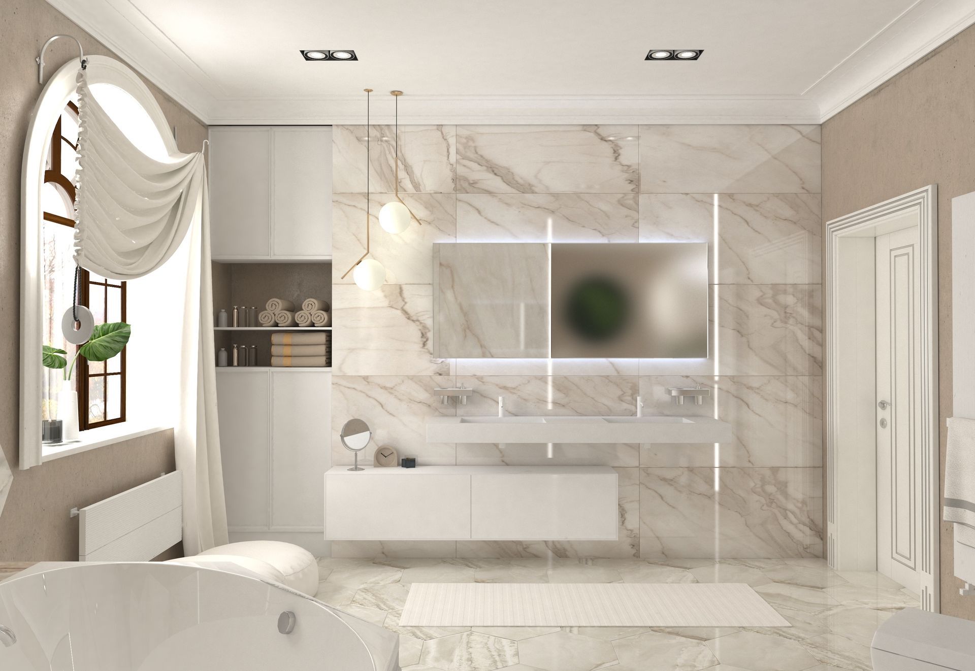 Bright marble bathroom with a freestanding tub, walk-in shower, vanity mirror, and window drapes