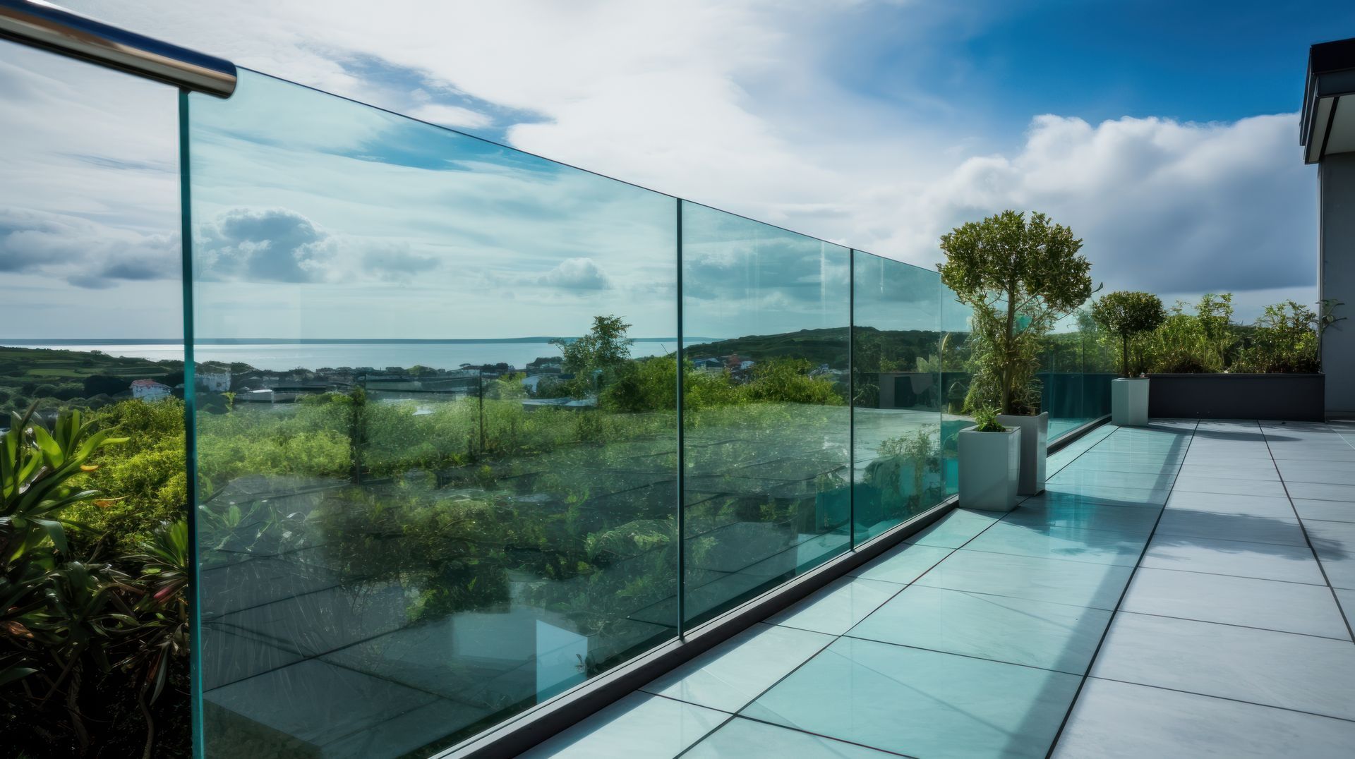 Glass balcony overlooking a green landscape under a partly cloudy sky.
