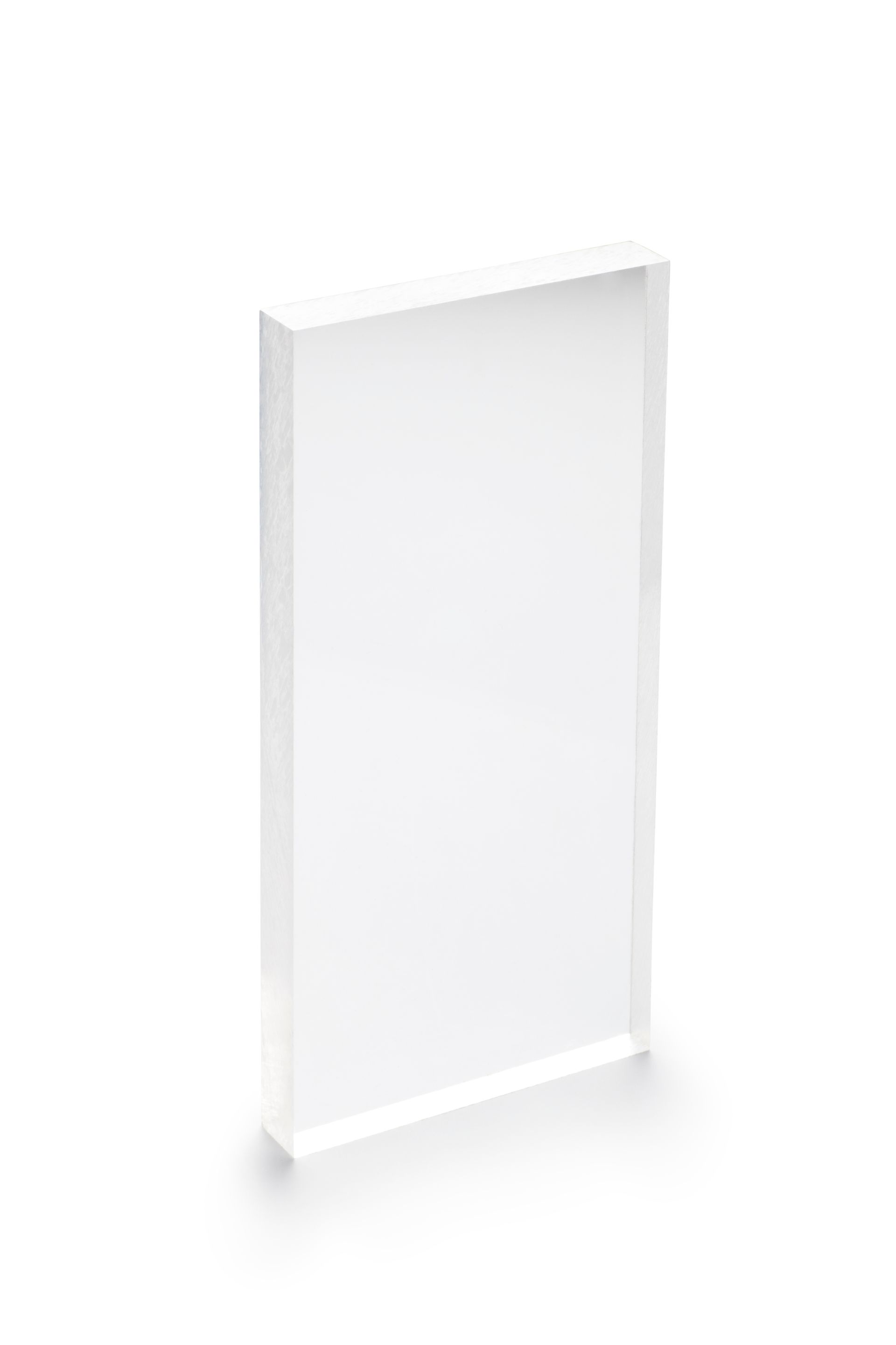 Clear acrylic sign holder standing upright on a white background
