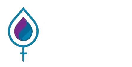 Logo with a teal female symbol, a teal teardrop shape surrounding a purple and blue teardrop.