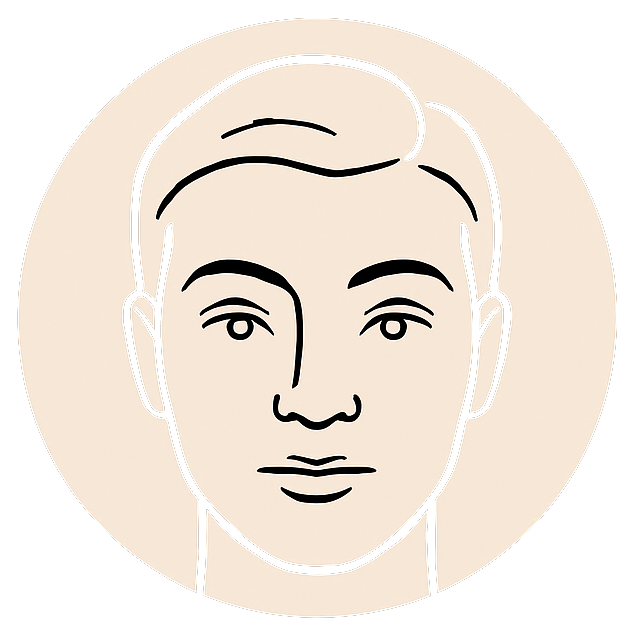 Strichzeichnung einer Person mit ernstem Gesichtsausdruck, heller Haut und kurzen Haaren in einem pfirsichfarbenen Kreis.