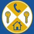 Blue and yellow security icon with phone, two keys, and a house inside a circle