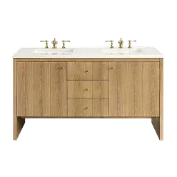 Wooden double-sink bathroom vanity with white countertop and brass faucets