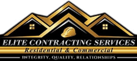 Elite Contracting Services logo with gold roofline, black background, and Residential & Commercial text
