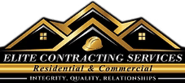 Elite Contracting Services logo with gold roofline, black background, and Residential & Commercial text
