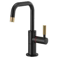 Wooden double-sink bathroom vanity with white countertop and brass faucets