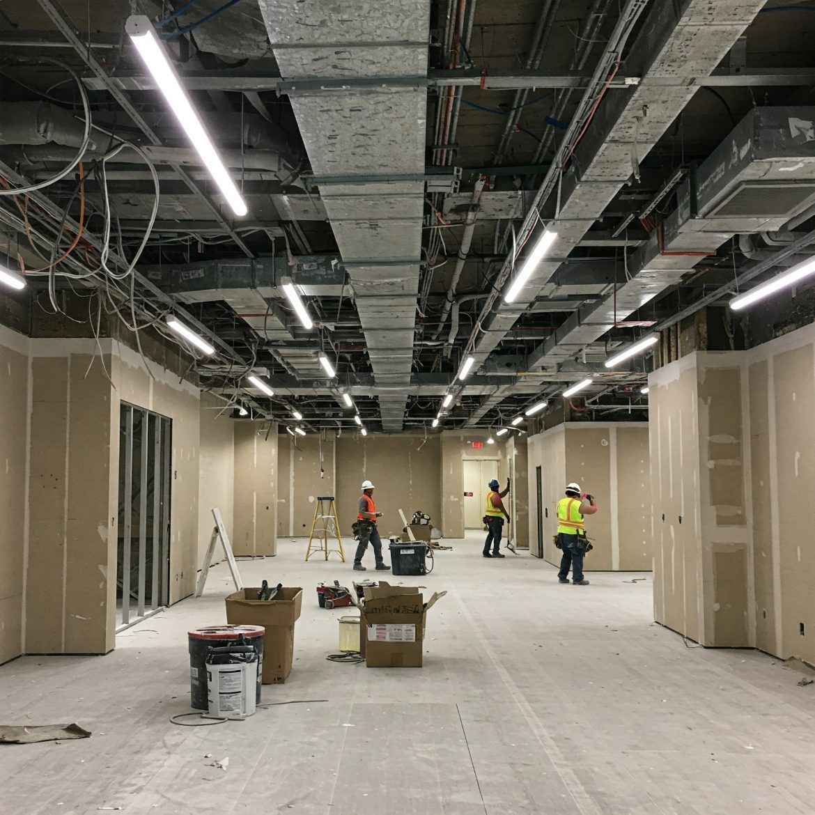 Construction workers in hard hats inside a large unfinished commercial hallway with exposed ceiling