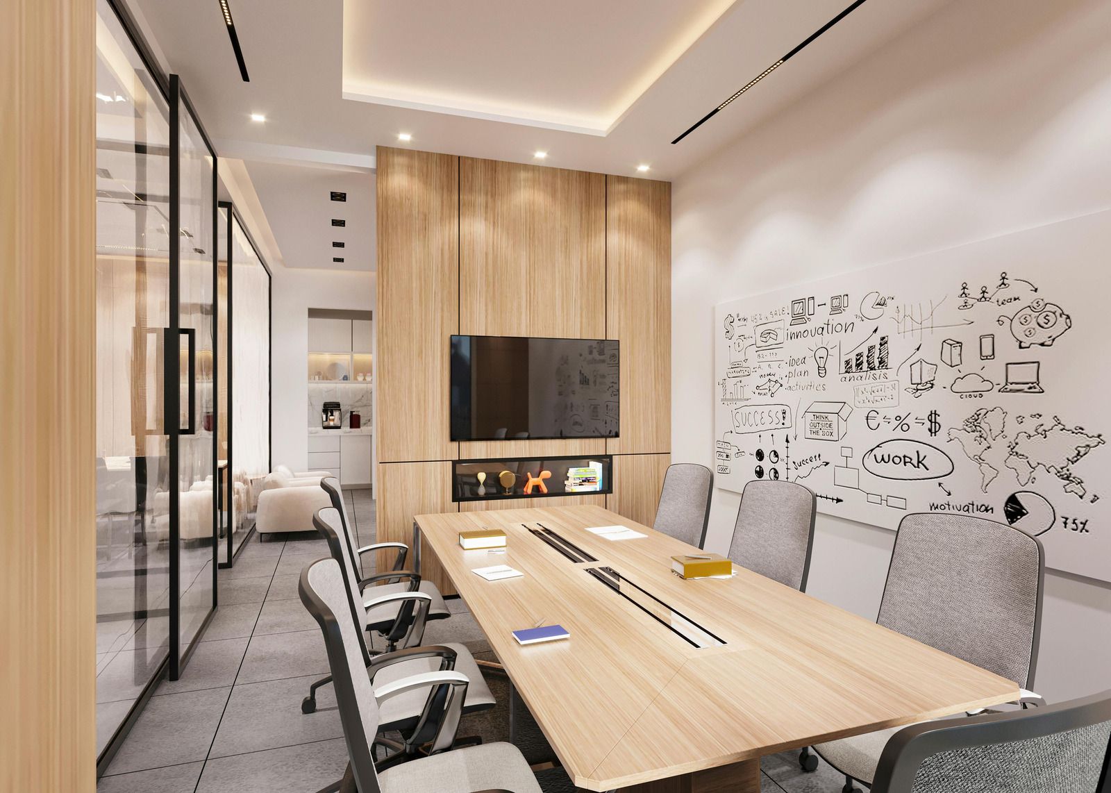 Modern office meeting room with wooden table, gray chairs, wall TV, and white doodle art wall