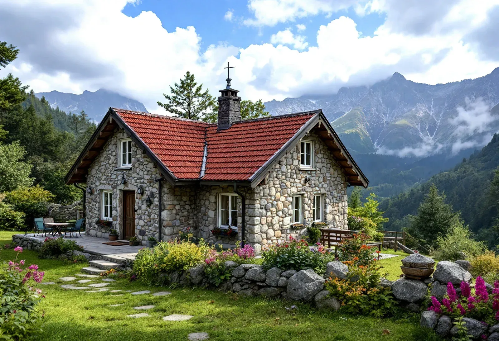 Stone cottage with red roof in a lush mountain garden under cloudy skies