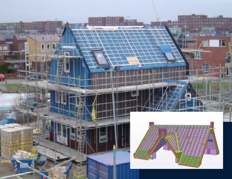 Gedeeltelijk gebouwd huis met blauwe dakconstructie en steigers, plus een schematische weergave van de dakconstructie (ingevoegd).