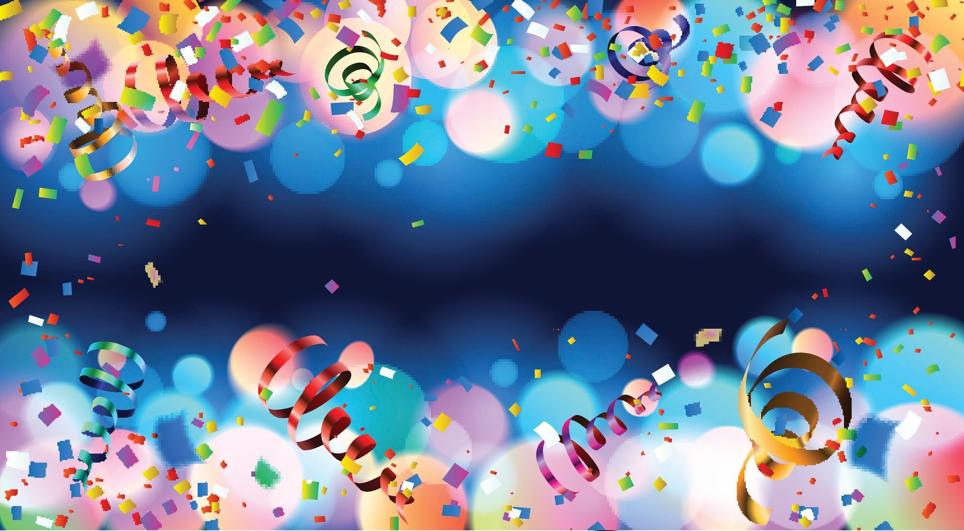 Confetti, streamers, and bokeh lights against a dark blue background. Festive, celebratory.