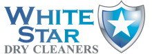 White Star Dry Cleaners logo with blue text and a shield emblem with a white star.