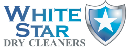 Logo for White Star Dry Cleaners: blue text, white star within a shield.