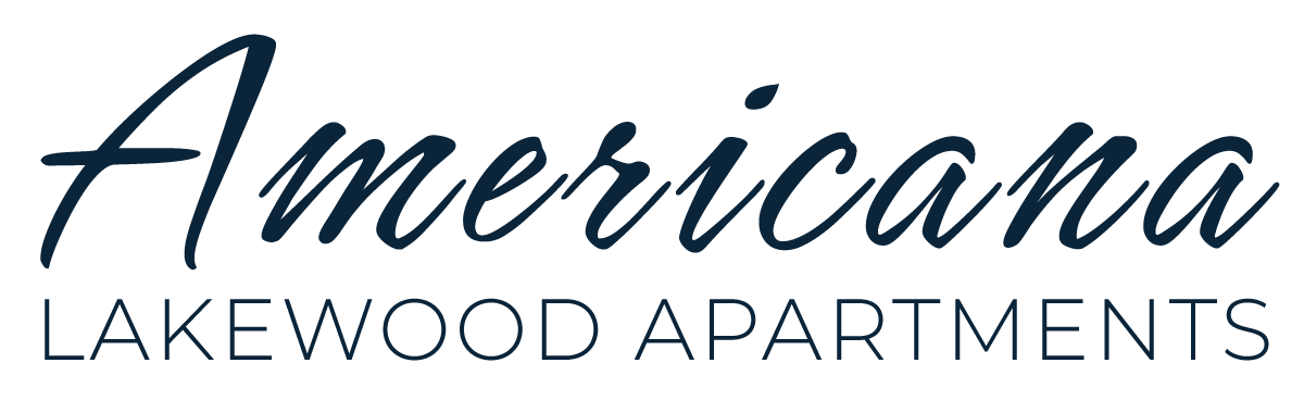 The logo for americana lakewood apartments is blue and white.