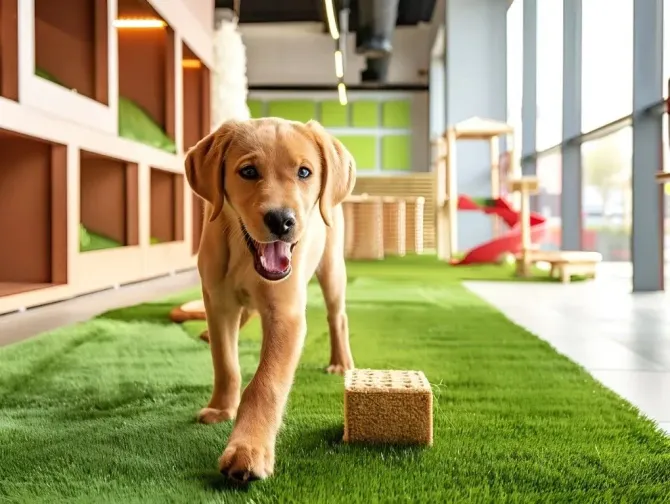 Happy golden retriever puppy playing on indoor artificial grass.