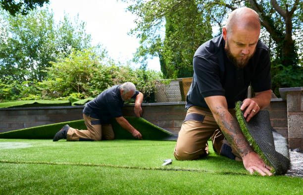 Two landscapers installing synthetic grass in a backyard.