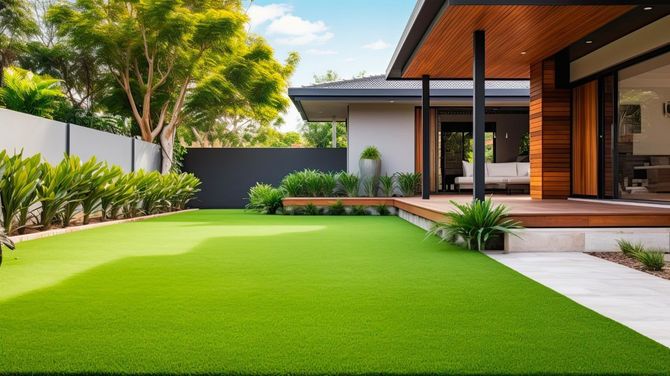 Modern luxury home backyard featuring perfect synthetic lawn.