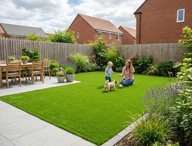 Family with child and dog playing on lush backyard fake lawn.