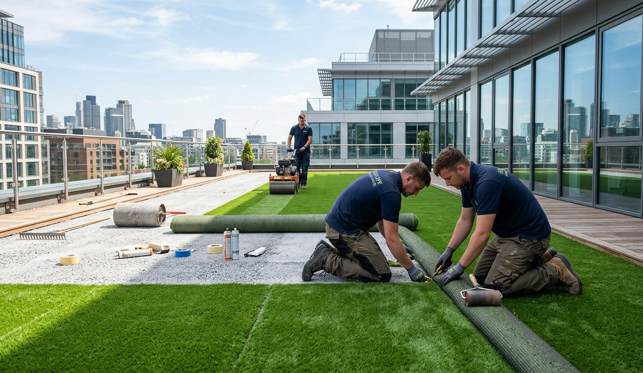 Contractors installing fake turf on a commercial rooftop.