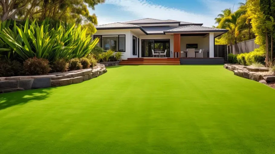 Spacious, vibrant synthetic lawn in front of a luxury home.