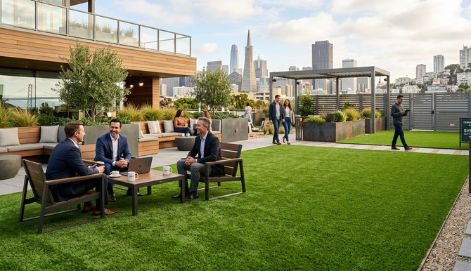 Businessmen meeting on an urban rooftop synthetic grass patio