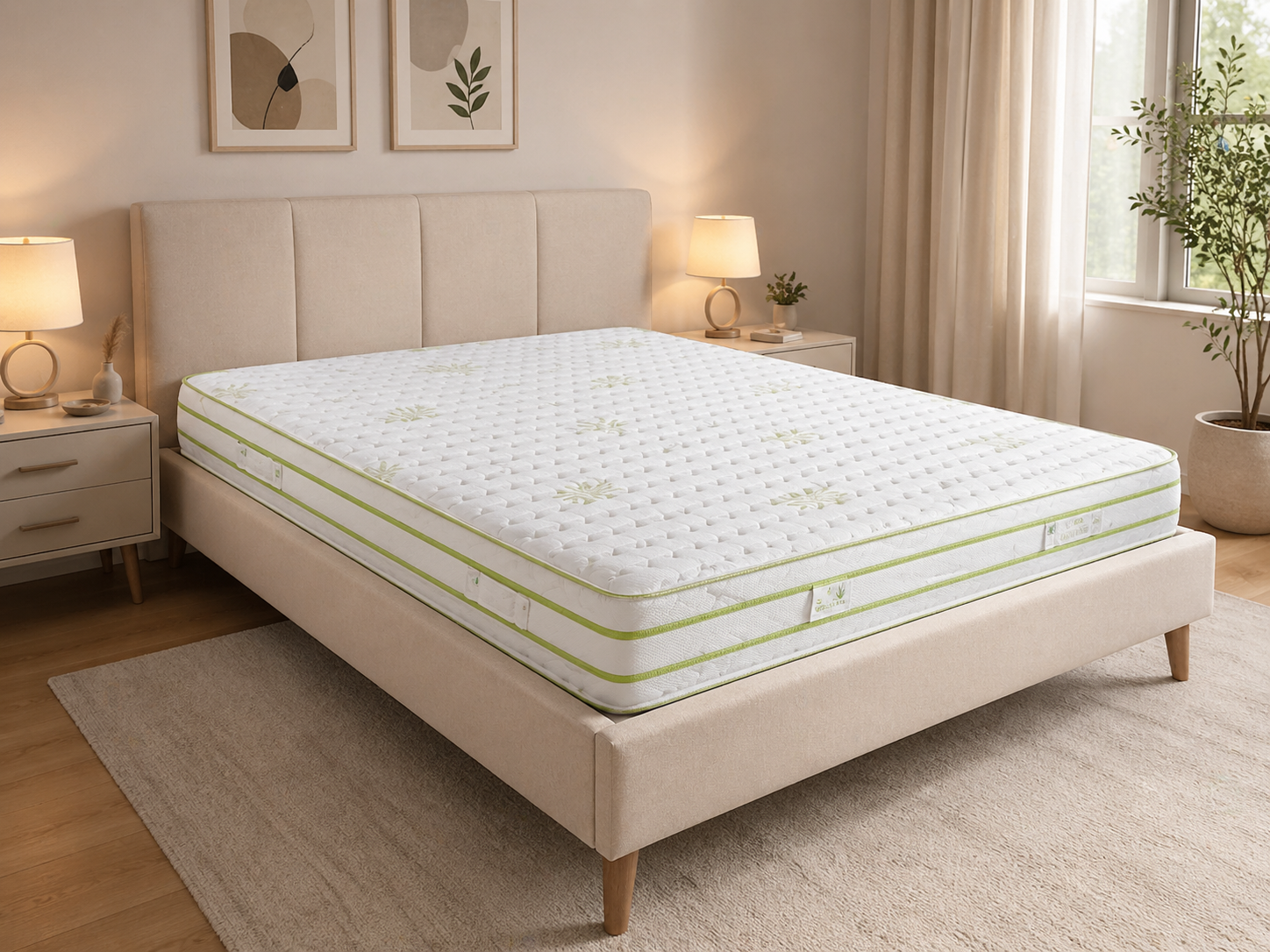Camera da letto minimalista con letto beige, materasso bianco, lampade da comodino e tende morbide in tonalità calde.