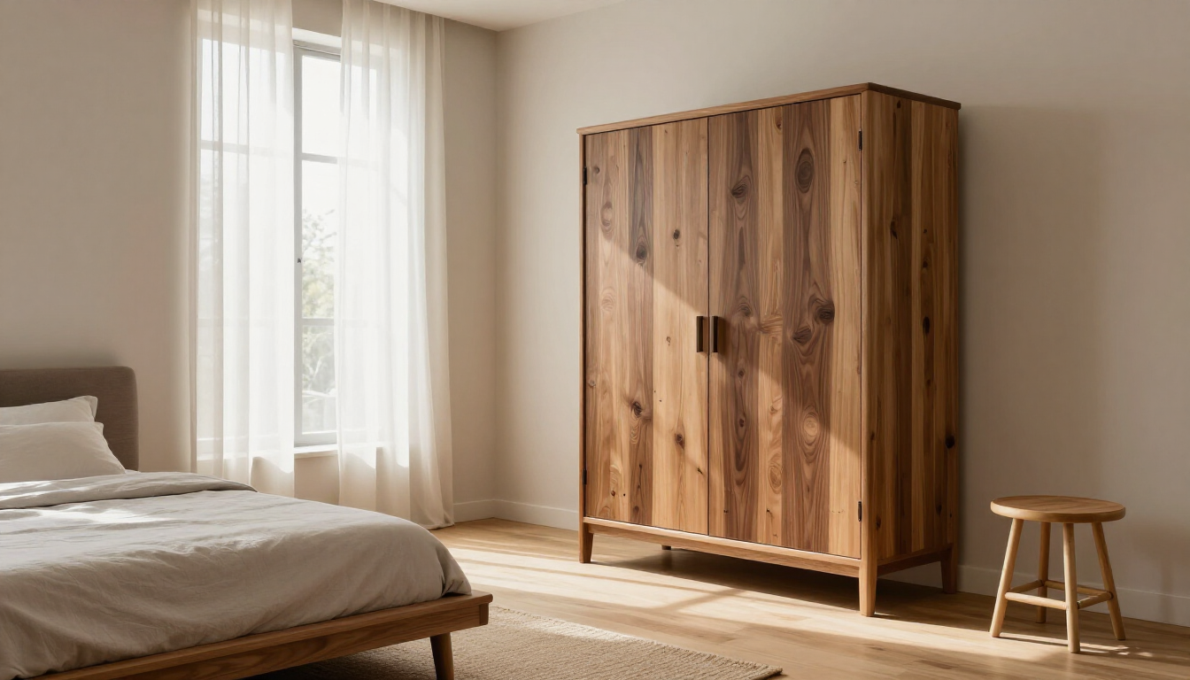 Un elegante armadio in legno recuperato in una stanza moderna e luminosa.