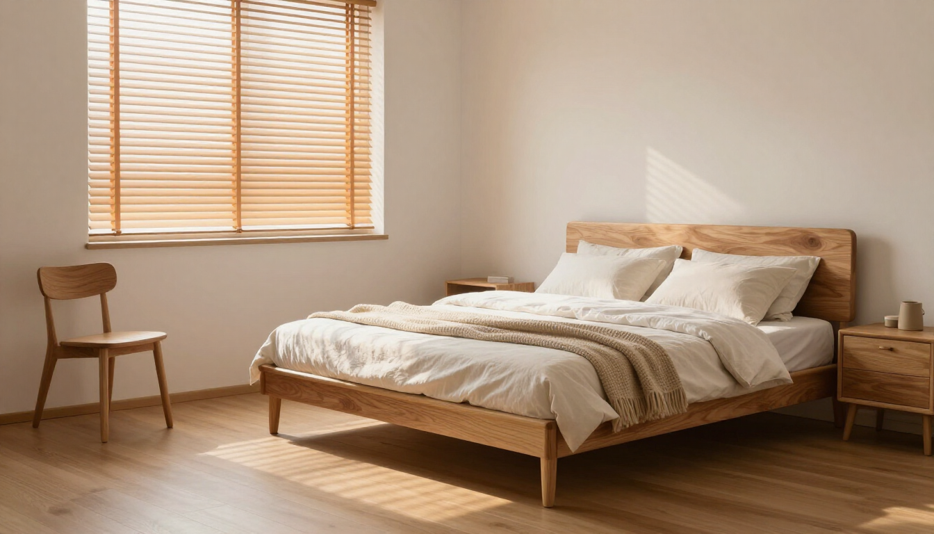 Camera da letto rilassante con toni neutri e illuminazione calda