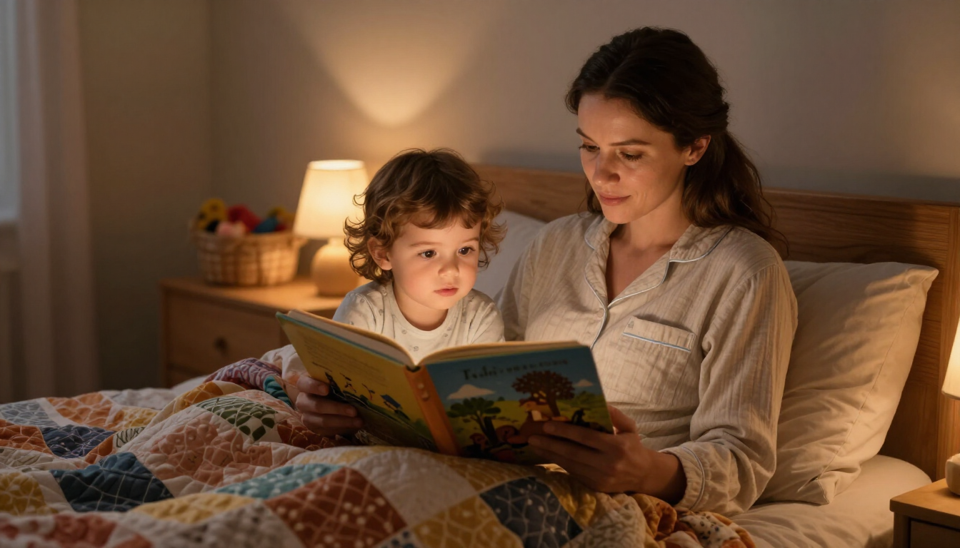 Mamma che legge un libro al bambino in una stanza accogliente