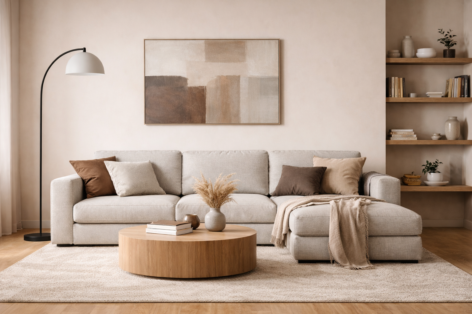 Soggiorno dai toni neutri con divano beige, tavolino rotondo in legno, lampada da terra e quadri alle pareti.
