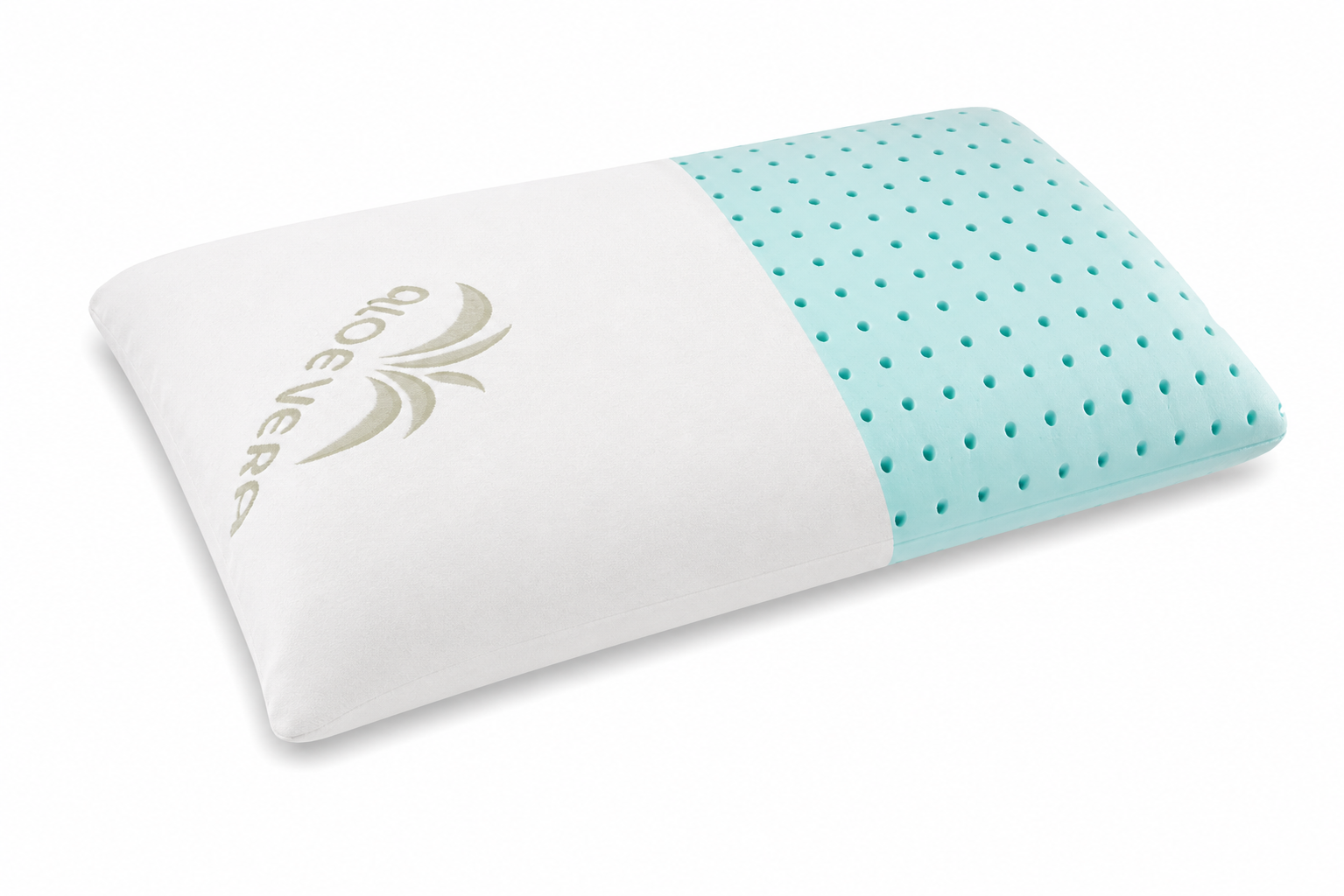 Cuscino sagomato bianco e verde acqua con motivo a pois e logo a foglia su sfondo bianco.