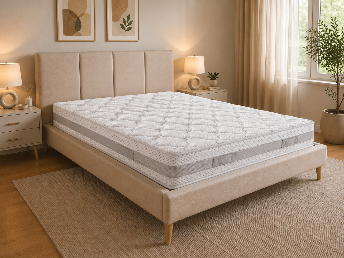 Camera da letto color beige luminoso con letto imbottito, materasso bianco, lampade e quadri appesi alle pareti.