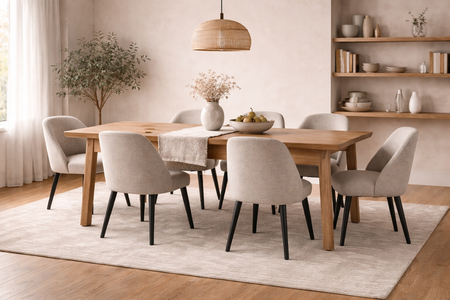 Sala da pranzo moderna con tavolo rotondo in legno, sedie imbottite beige e decorazioni dai toni neutri e caldi.