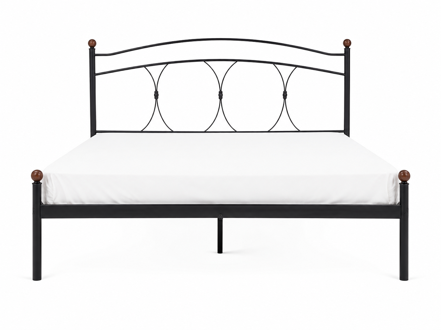 Struttura letto in metallo nero con testiera curva e materasso bianco su sfondo bianco.