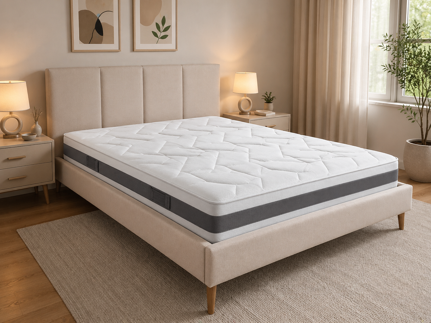 Camera da letto moderna con letto imbottito beige, materasso bianco e arredamento dai toni neutri e delicati.