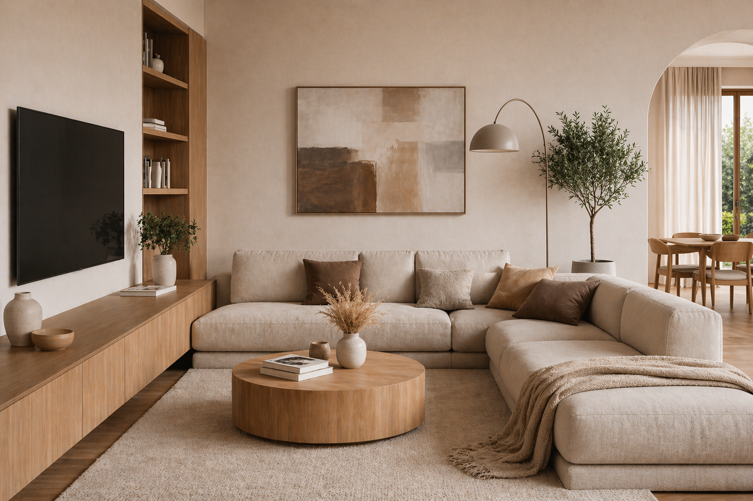 Accogliente soggiorno beige con divano componibile, tavolino rotondo, quadri, TV e piante.