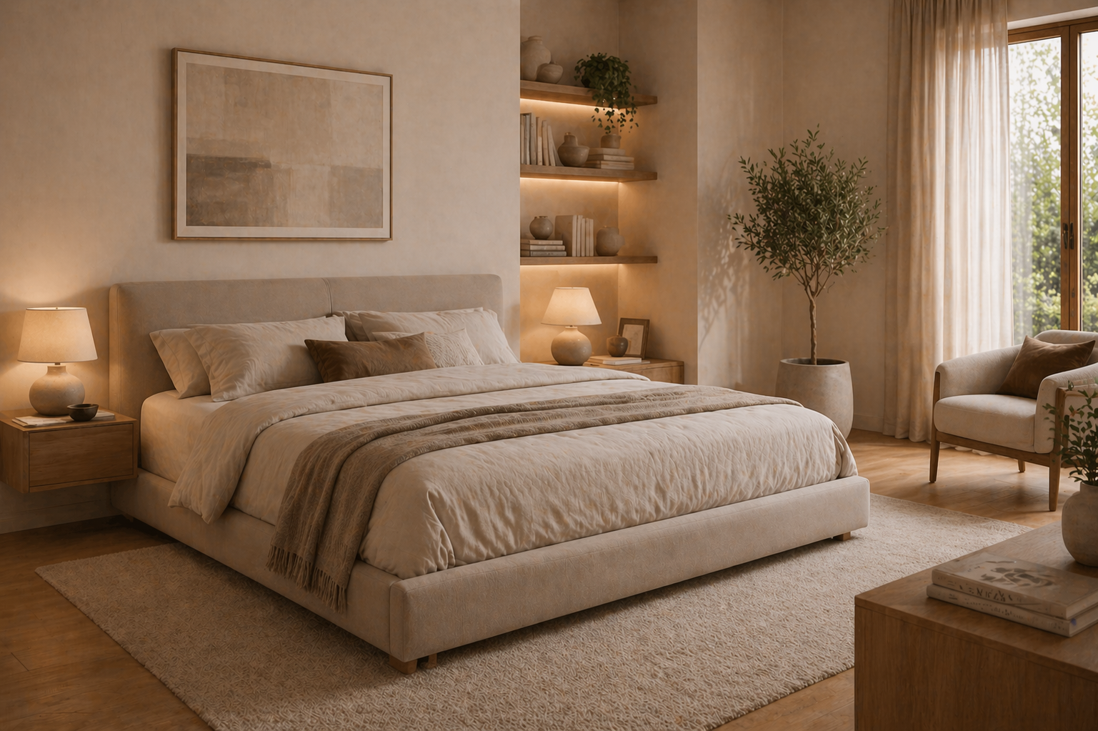 Camera da letto color beige caldo con un grande letto, lampade da comodino, quadri alle pareti