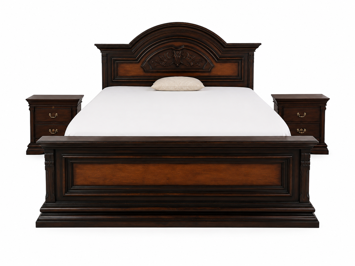 Letto in legno scuro decorato con lenzuola bianche e comodini abbinati.