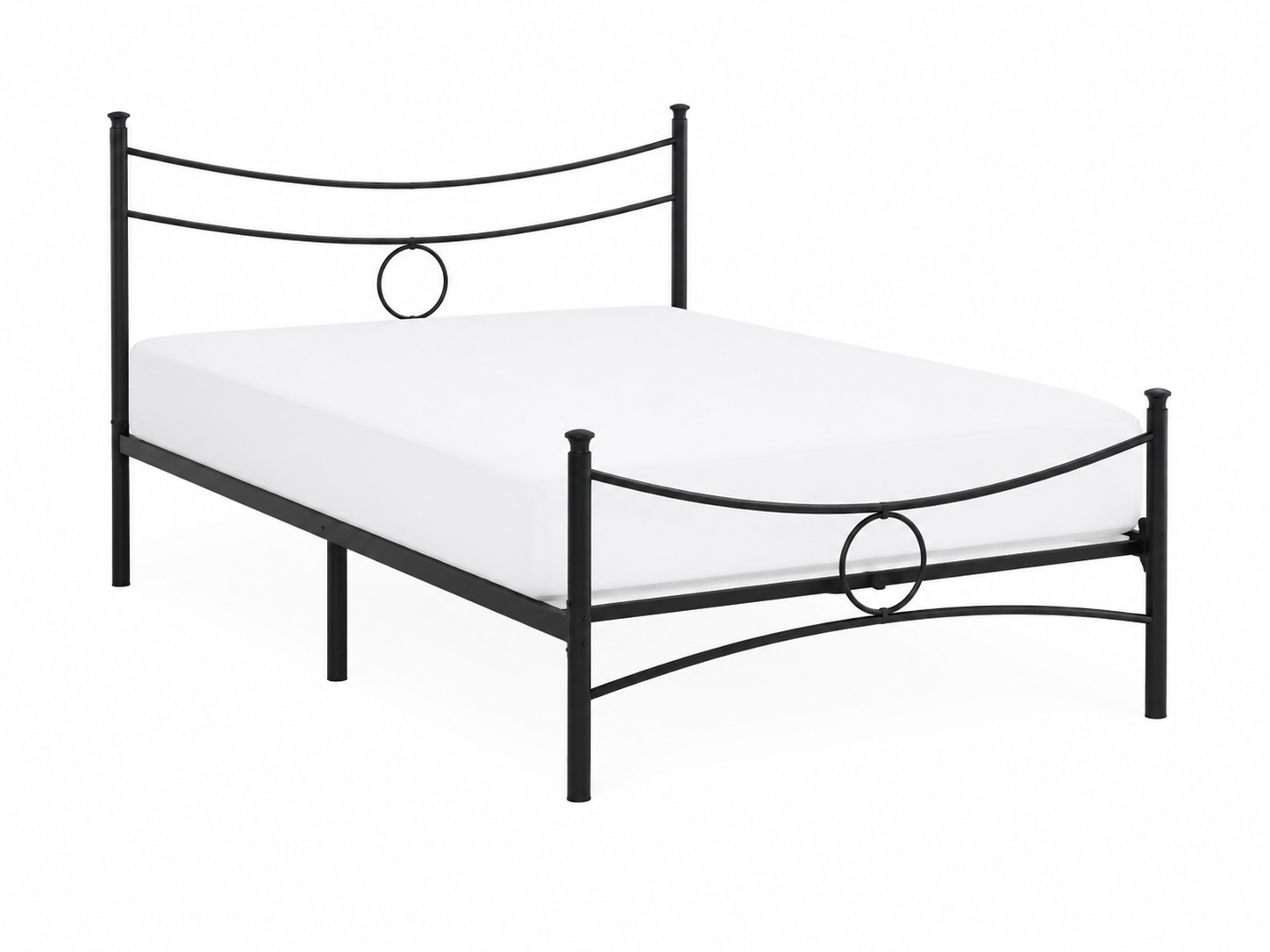 Schizzo in bianco e nero di un letto con struttura curva e due cuscini decorativi rotondi.