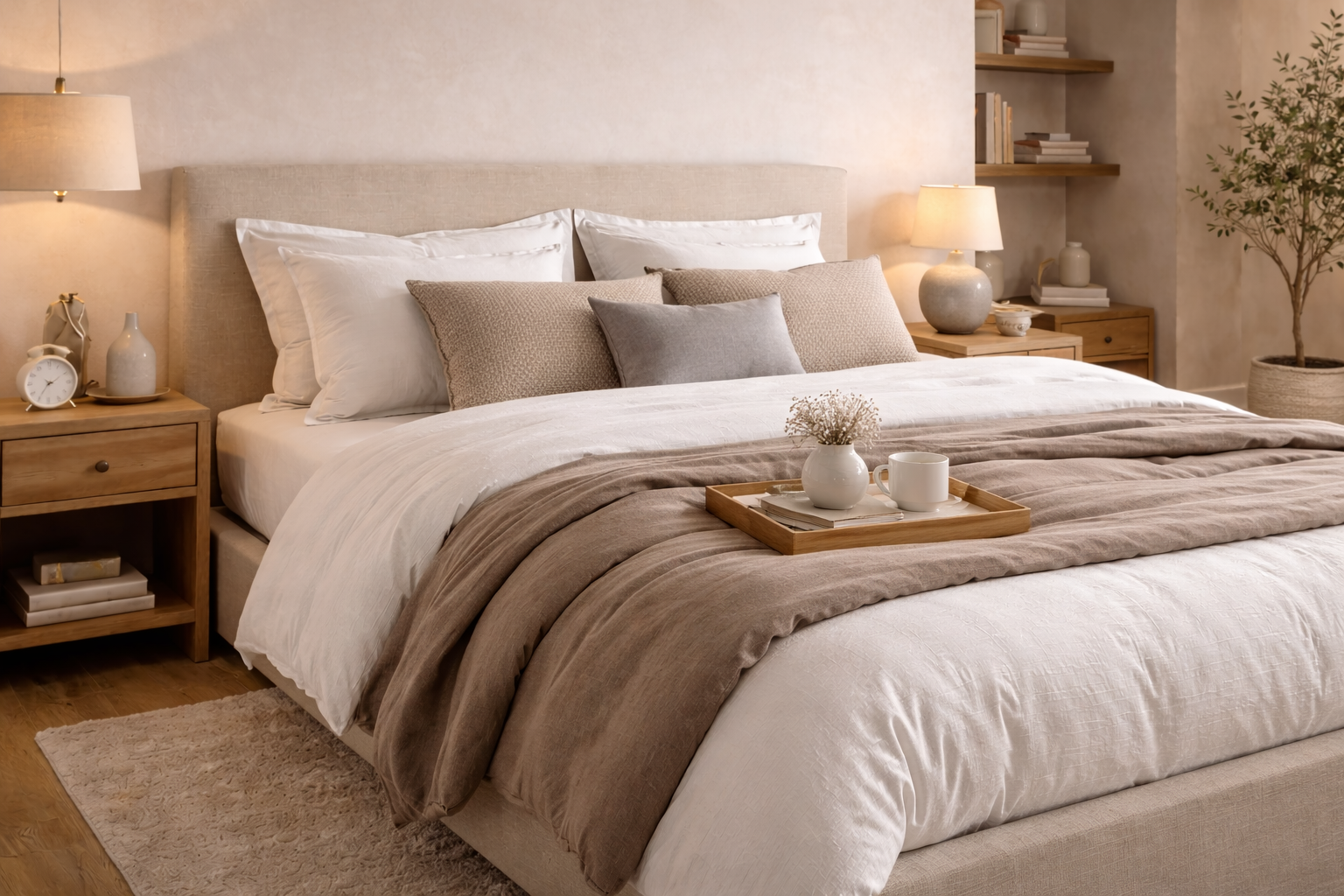 Accogliente camera da letto beige con letto ben rifatto, lampada da comodino e decorazioni dai toni neutri e caldi.