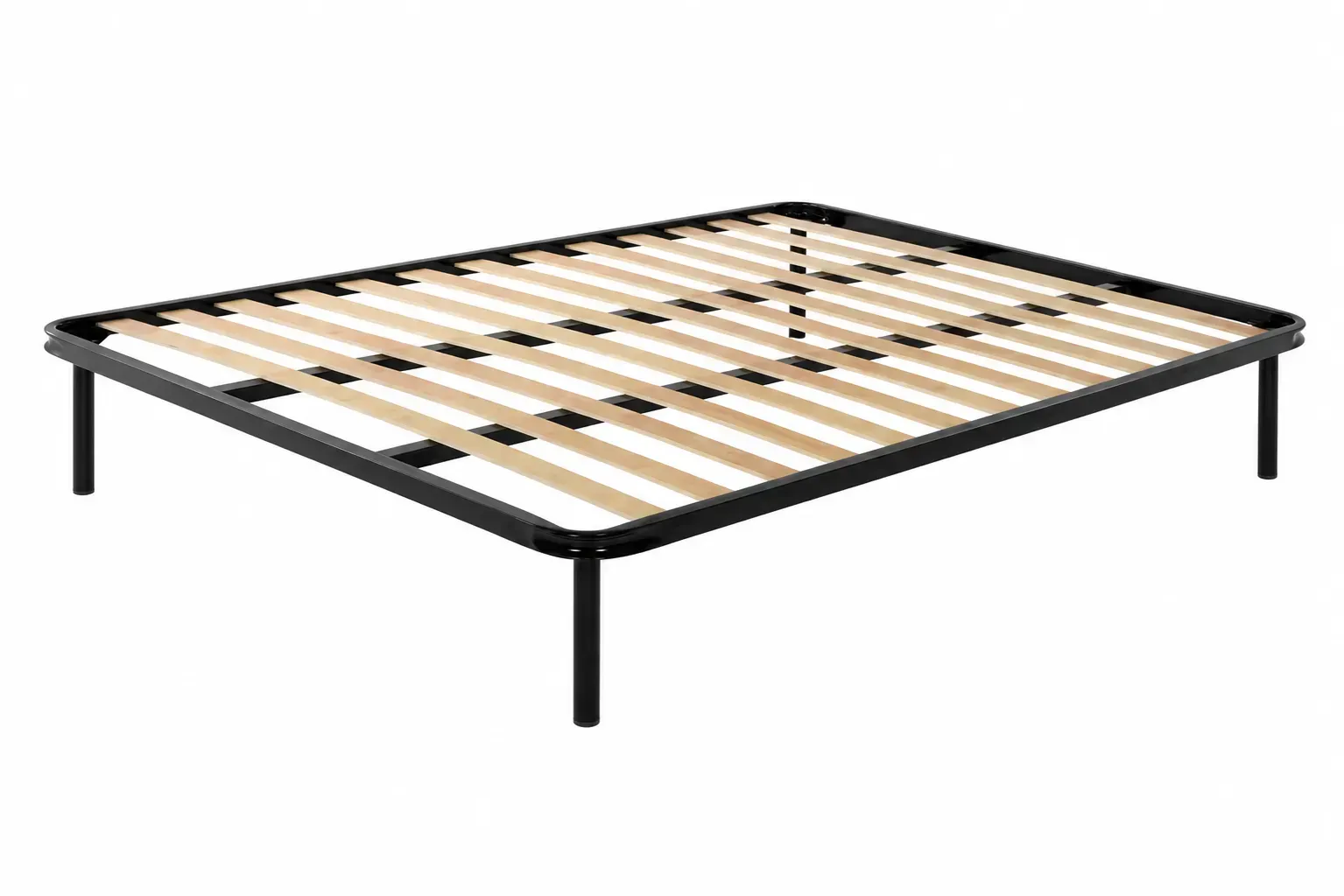 Struttura letto in metallo nero con doghe in legno, su sfondo bianco.
